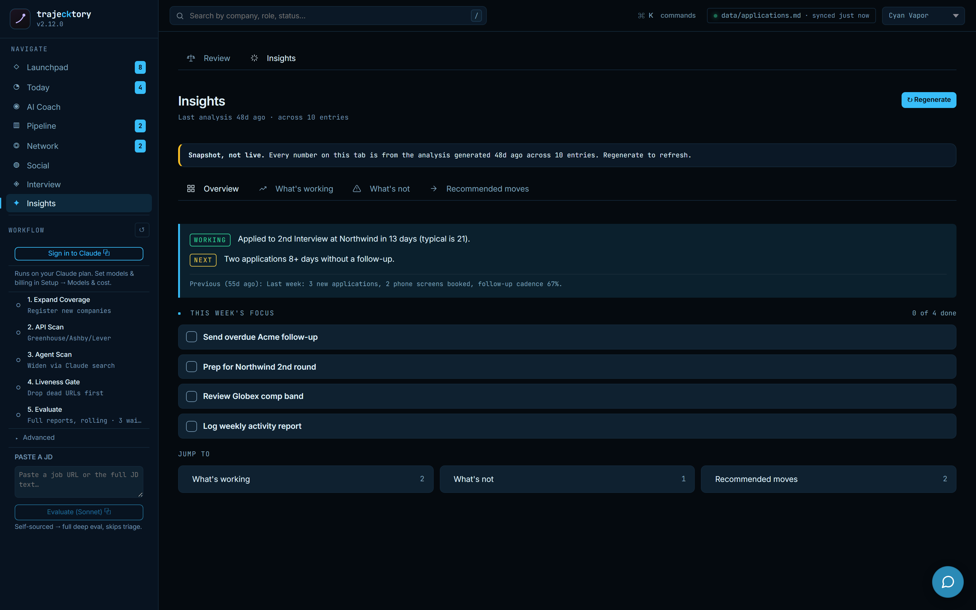 Insights overview with win and checklist