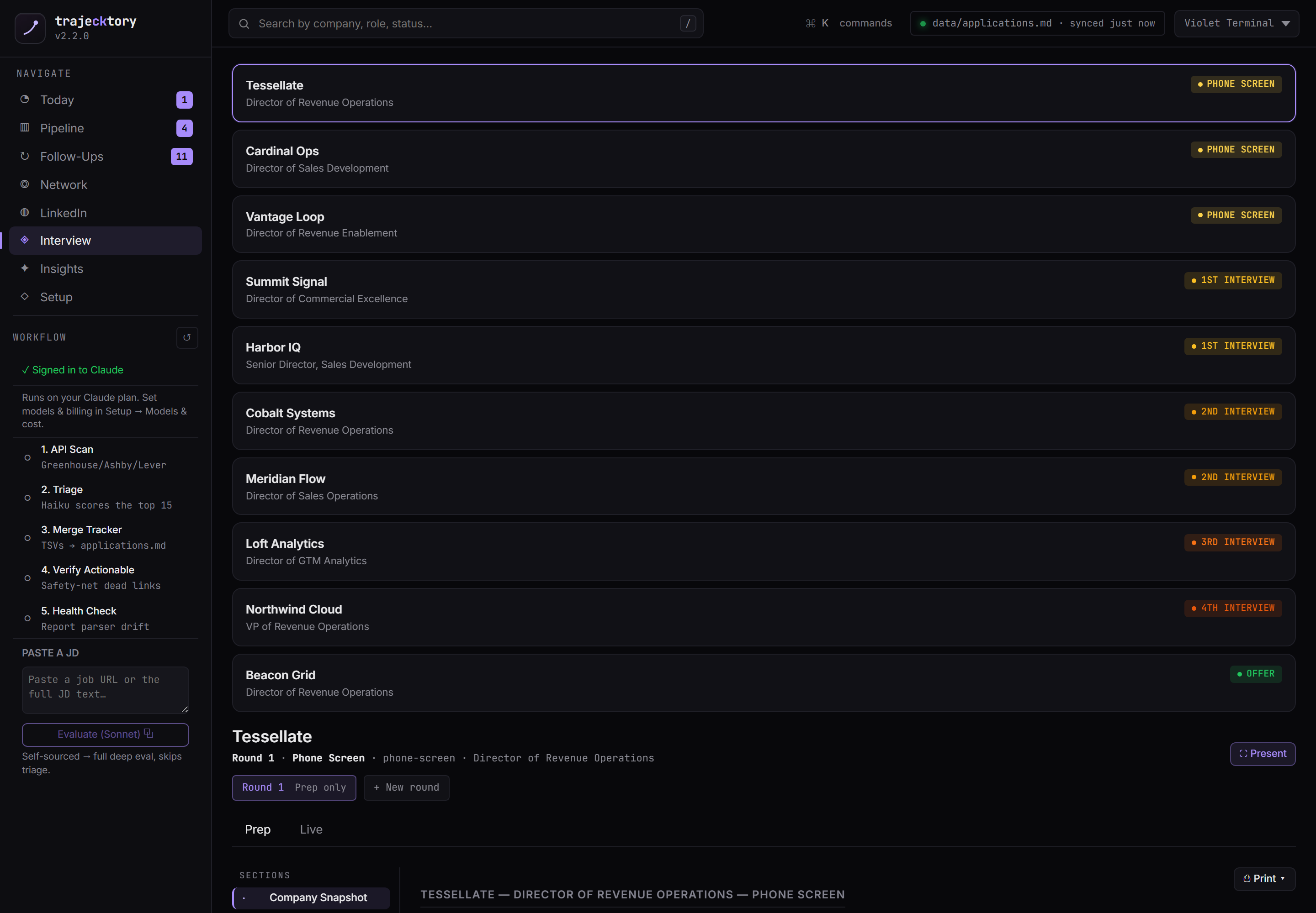 Interview tracker with prep across rounds
