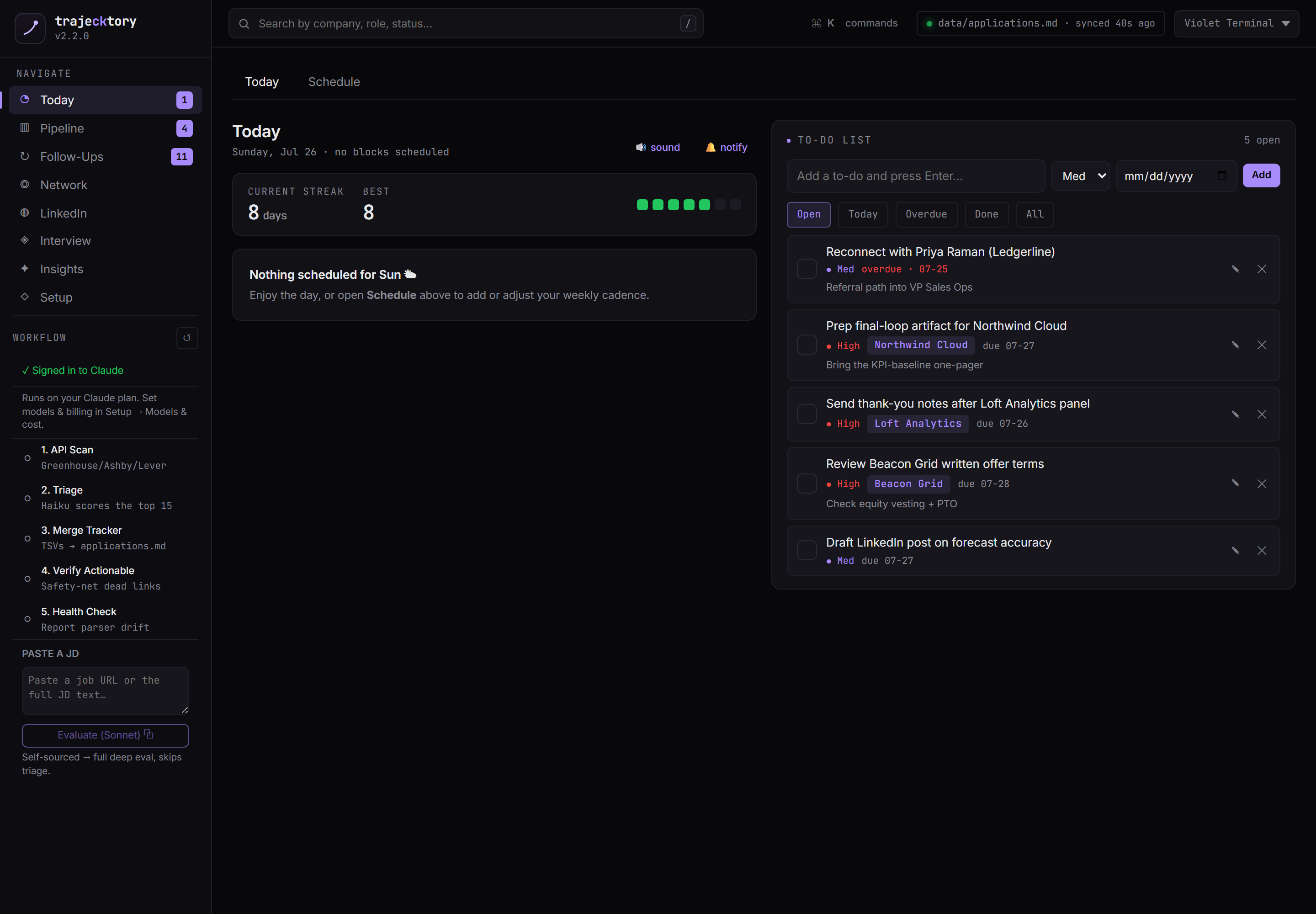 Today tab with cadence, streak, and linked to-dos