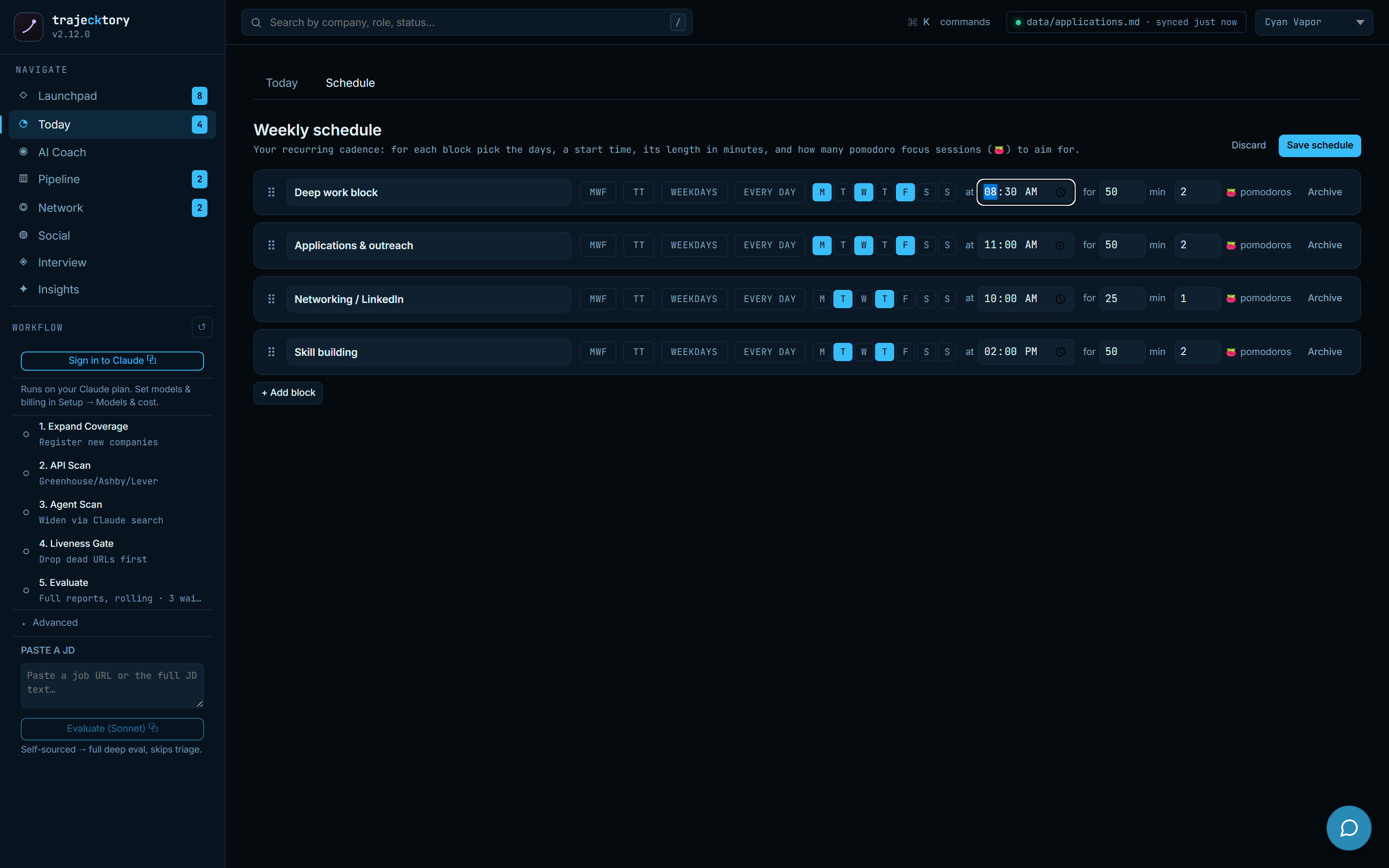 Weekly schedule editor with presets and blocks