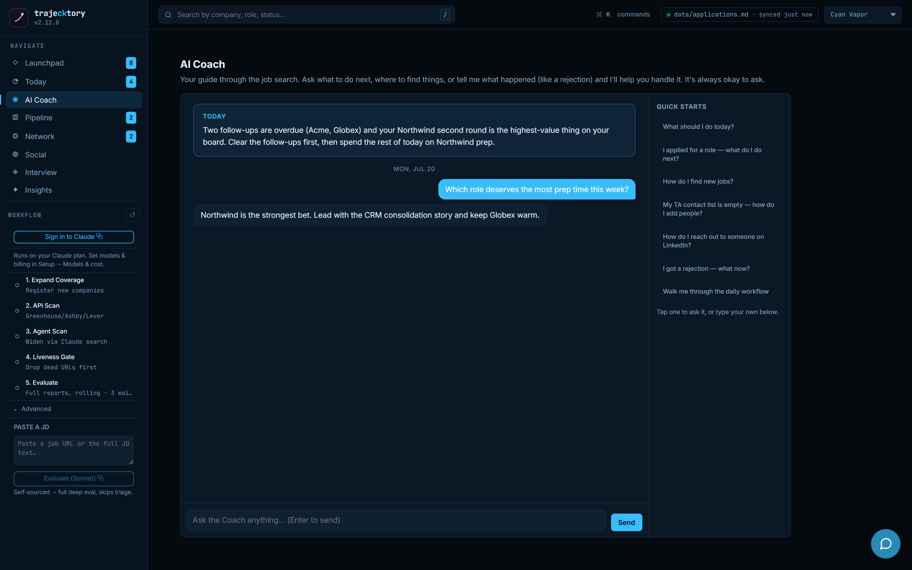 AI Coach page with daily brief and conversation