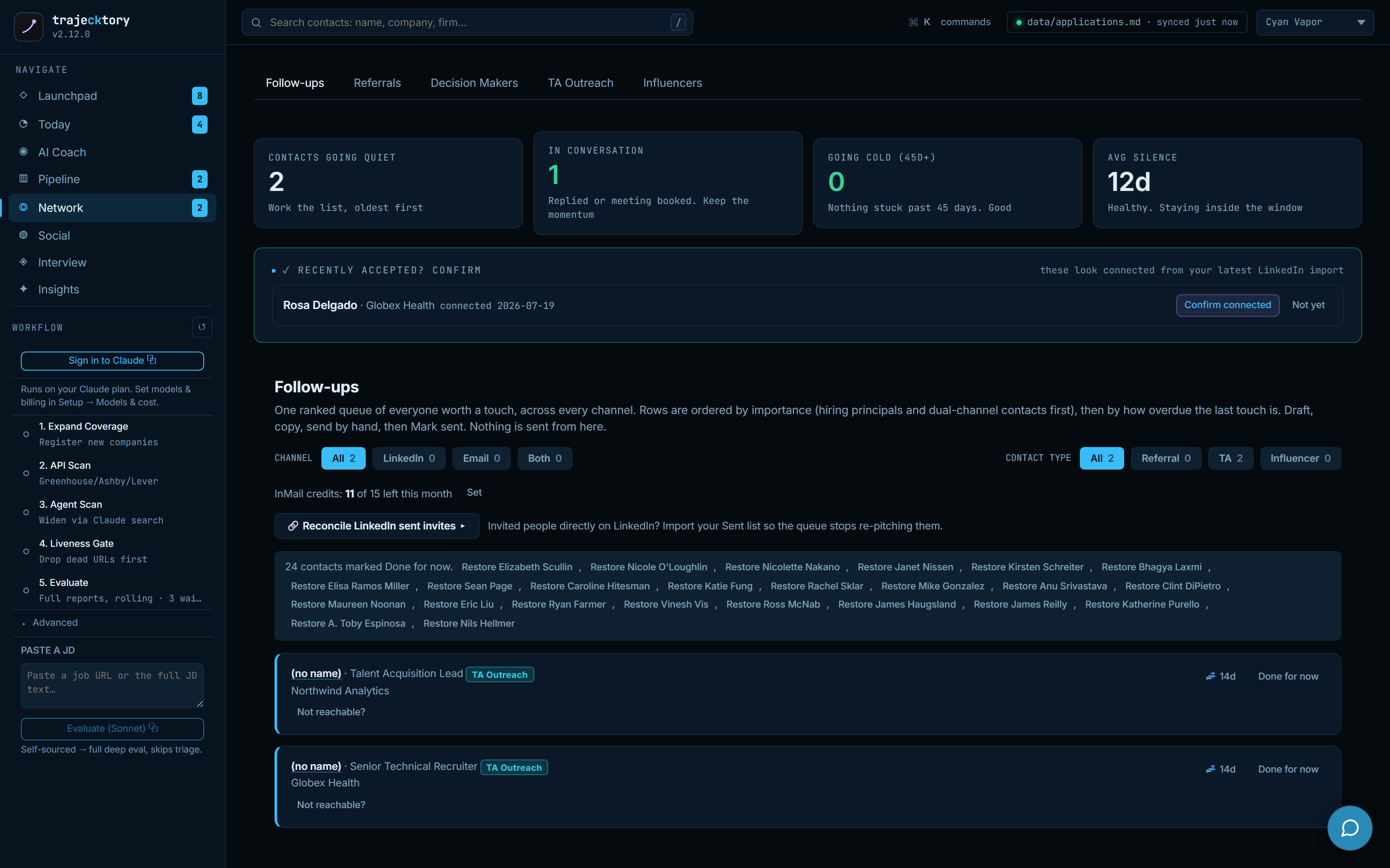 Recently accepted connection confirmation