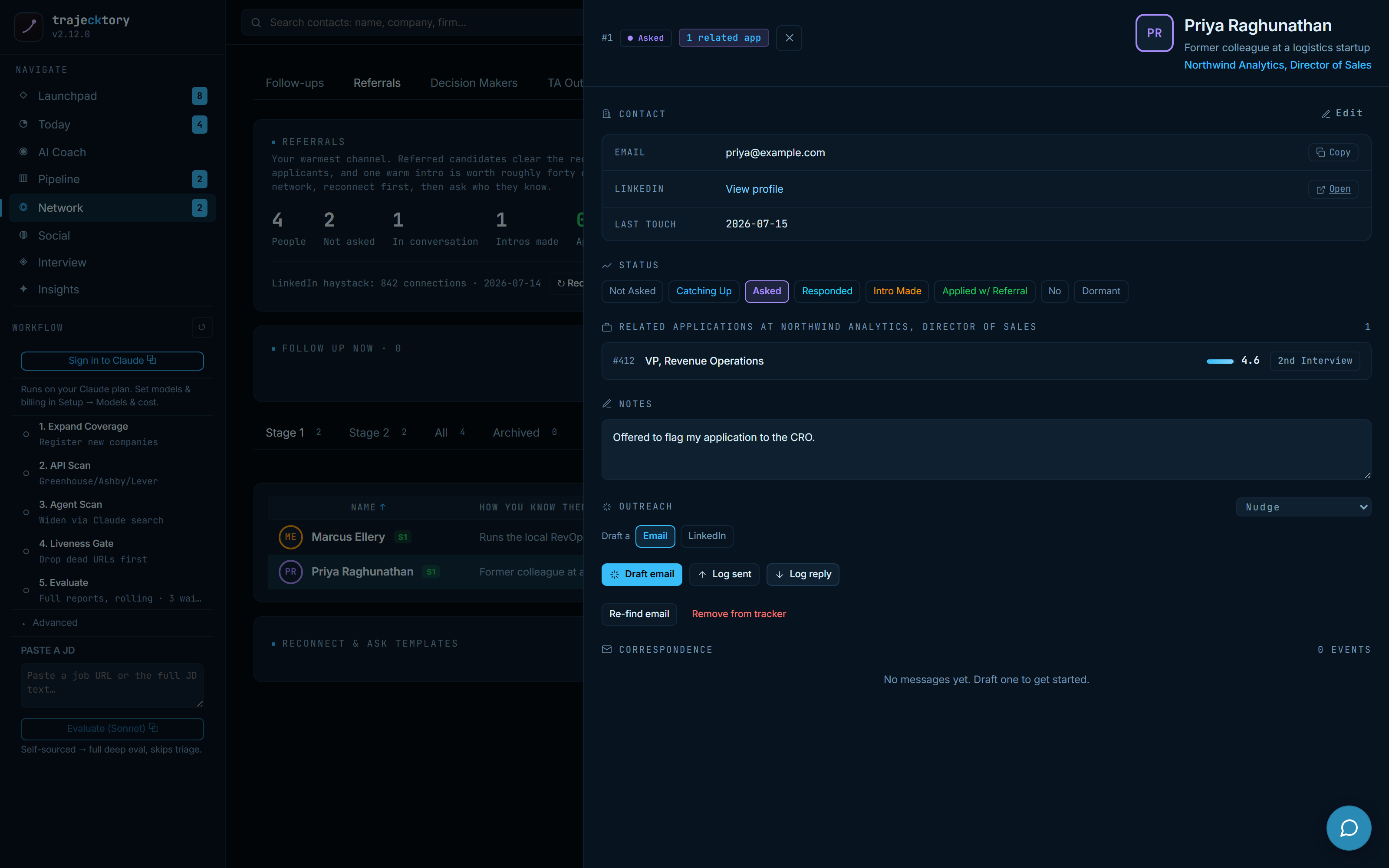 Referral drawer with timeline and draft