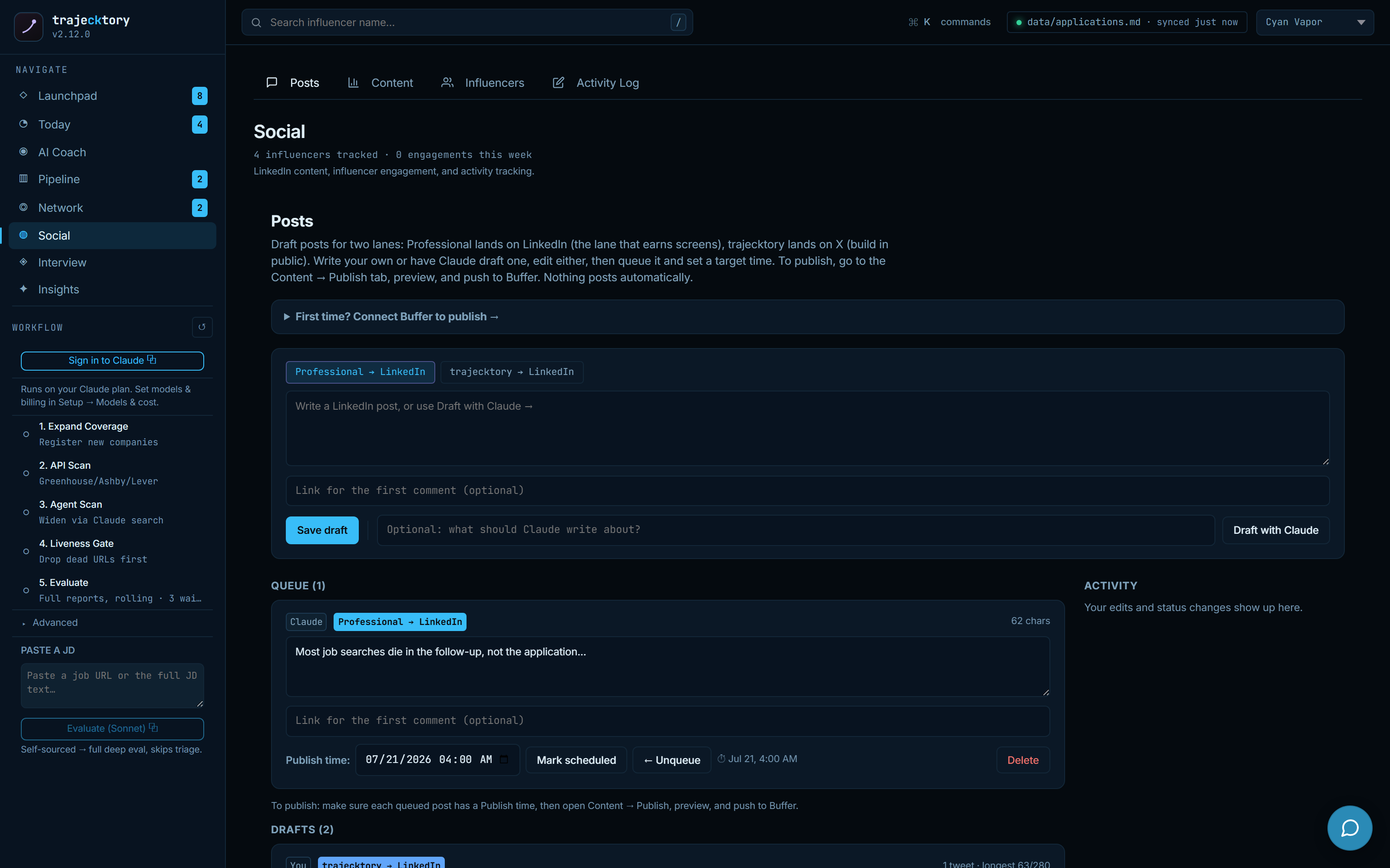 Social post composer with two lanes